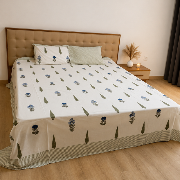 Blue Meadow Floral - Hand Block Print – Super King Size Bedsheet (279 x 279 cm) | 100% Percale Cotton | Includes 2 Pillow Covers