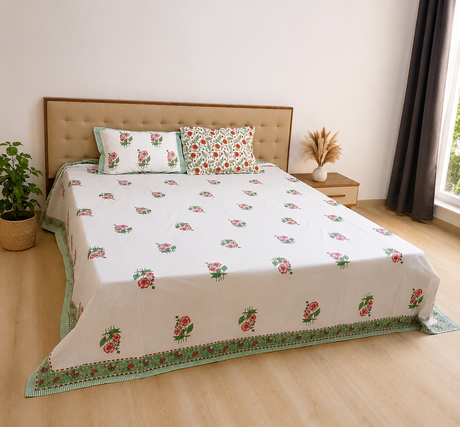 Velvet Rose Haven - Hand Block Print – Super King Size Bedsheet (279 x 279 cm) | 100% Percale Cotton | Includes 2 Pillow Covers
