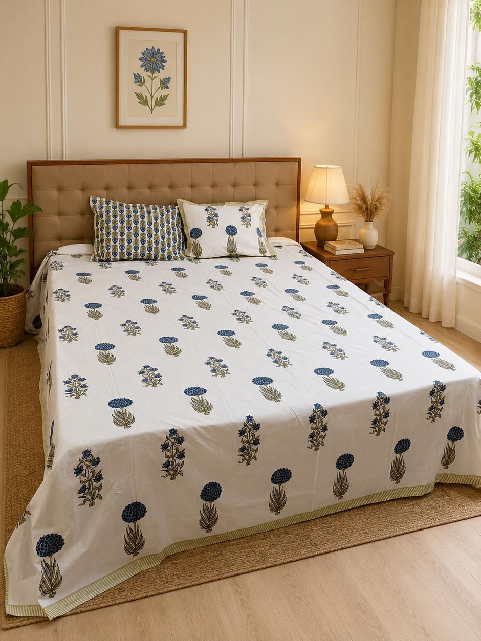 Blue Meadow Haven - Hand Block Print – Super King Size Bedsheet (279 x 279 cm) | 100% Percale Cotton | Includes 2 Pillow Covers