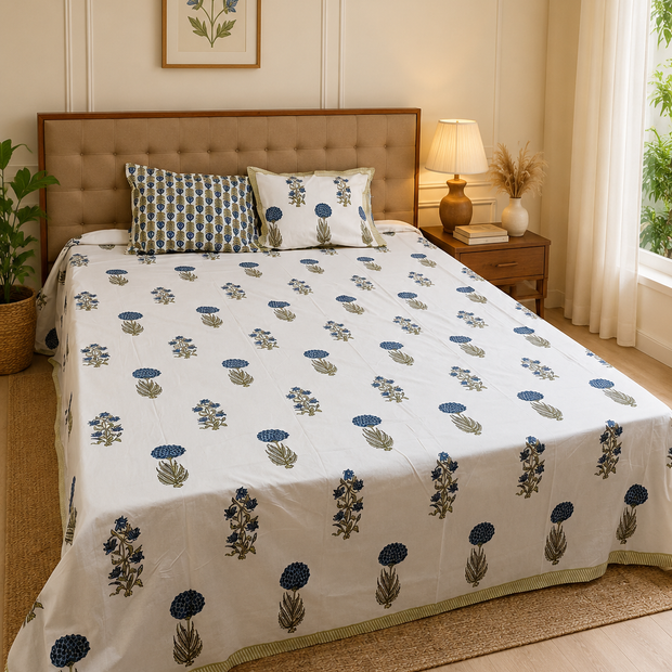 Blue Meadow Haven - Hand Block Print – Super King Size Bedsheet (279 x 279 cm) | 100% Percale Cotton | Includes 2 Pillow Covers
