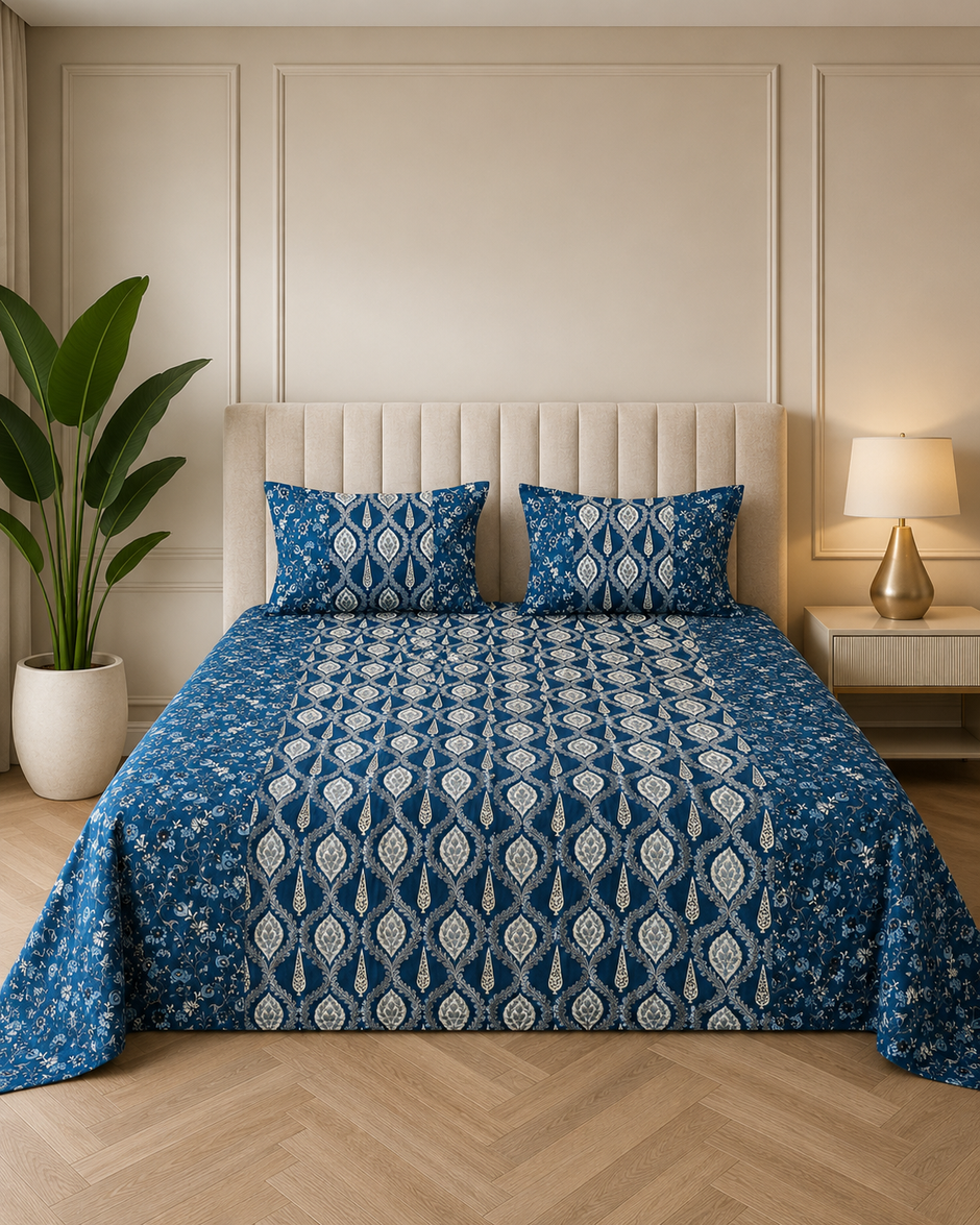 Midnight Ajrakh Elegance - Hand Block Print – Super King Size Bedsheet (279 x 279 cm) | 100% Pure Jaipuri Cotton | Includes 2 Pillow Covers