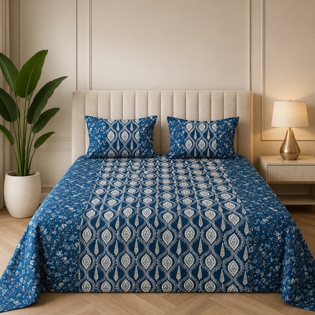 Midnight Ajrakh Elegance - Hand Block Print – Super King Size Bedsheet (279 x 279 cm) | 100% Pure Jaipuri Cotton | Includes 2 Pillow Covers