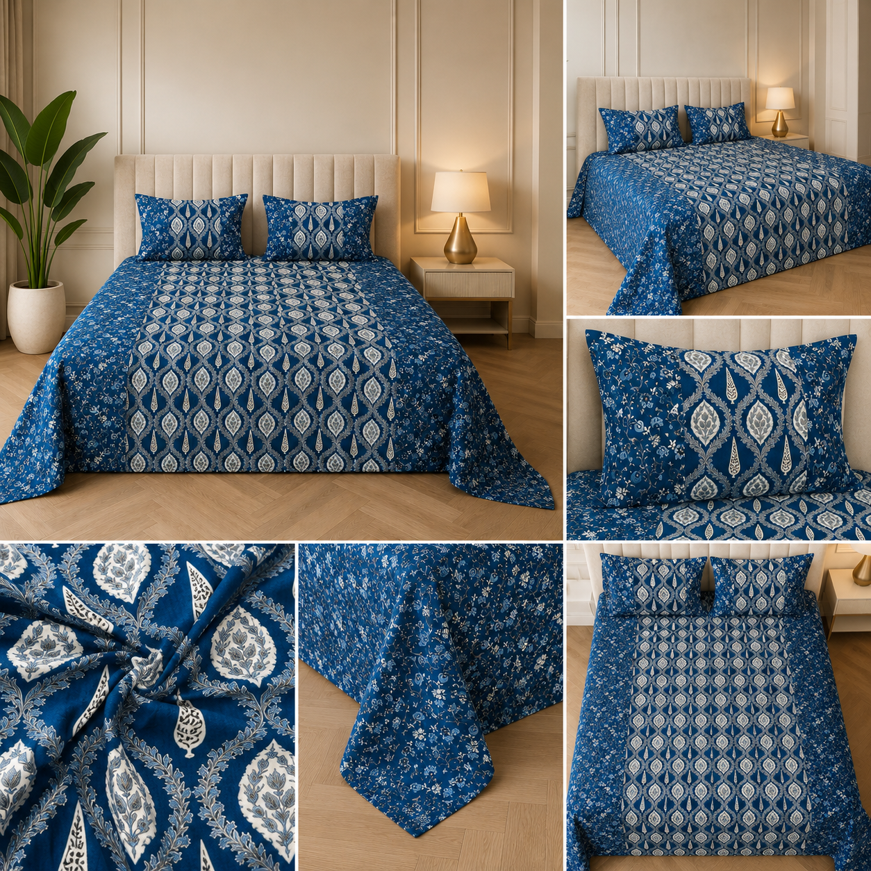 Midnight Ajrakh Elegance - Hand Block Print – Super King Size Bedsheet (279 x 279 cm) | 100% Pure Jaipuri Cotton | Includes 2 Pillow Covers