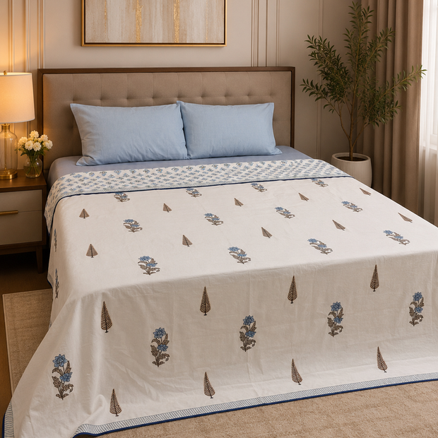 Ivory Blue Blossom – Hand Block Print – Reversible Standard King Size Dohar | 100% Muslin Cotton | All Season, Perfect for AC