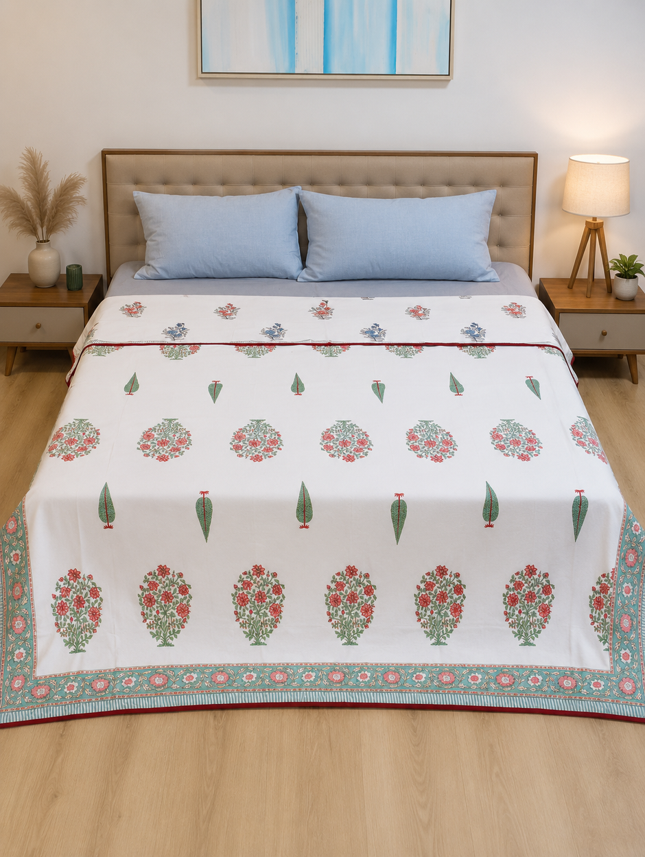 Coral Mint Blossom – Standard King Size Dohar | 100% Muslin Cotton | Reversible Print