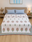 Coral Mint Blossom – Standard King Size Dohar | 100% Muslin Cotton | Reversible Print