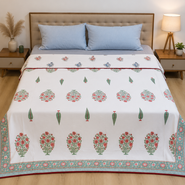 Coral Mint Blossom – Standard King Size Dohar | 100% Muslin Cotton | Reversible Print