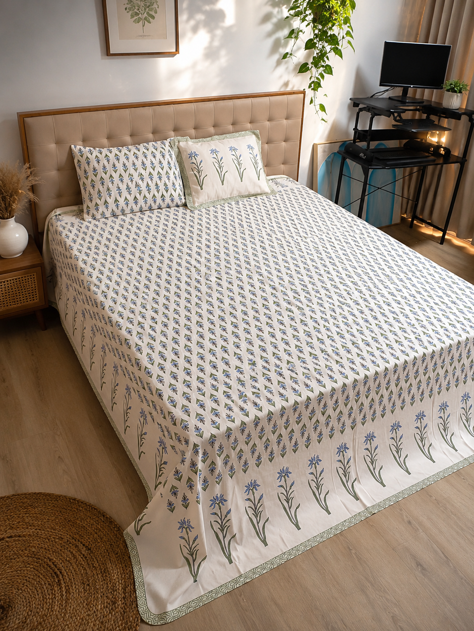 Blue Blossom Garden - Hand Block Print – Super King Size Bedsheet (274 x 274 cm) | 100% Jaipuri Cotton | Includes 2 Pillow Covers