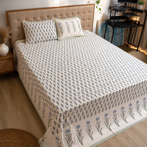Blue Blossom Garden - Hand Block Print – Super King Size Bedsheet (274 x 274 cm) | 100% Jaipuri Cotton | Includes 2 Pillow Covers