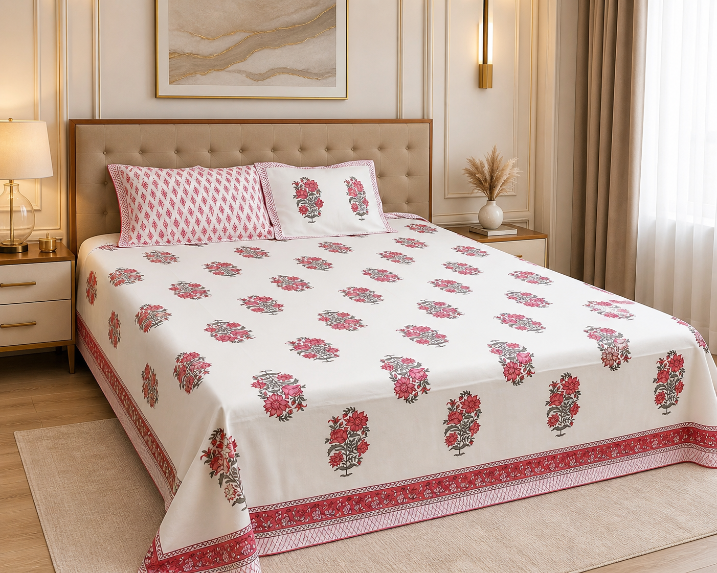 Rosette Bloom – Super King Size Bedsheet (274 x 274 cm) | 100% Percale Cotton | Includes 2 Reversible Pillow Covers