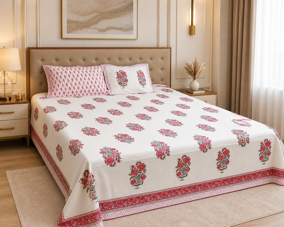 Rosette Bloom – Super King Size Bedsheet (274 x 274 cm) | 100% Percale Cotton | Includes 2 Reversible Pillow Covers