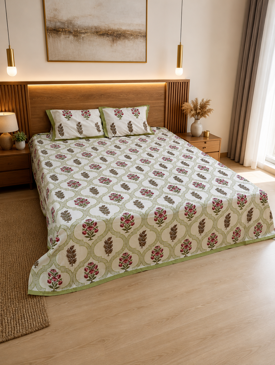 Mughal Rose Lattice – Super King Size Bedsheet (274 x 274 cm) | 100% Jaipuri Cotton | Includes 2 Pillow Covers