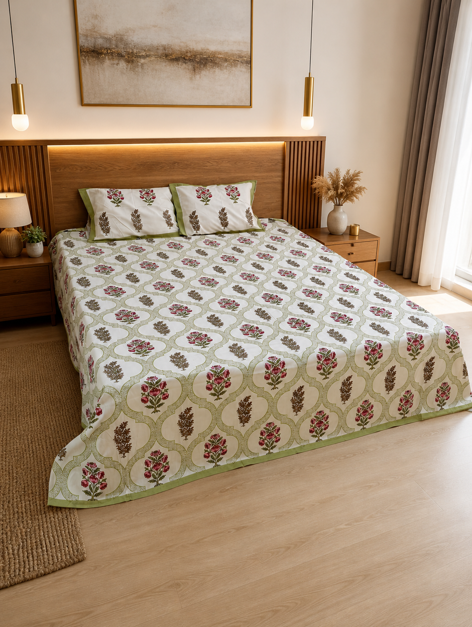 Mughal Rose Lattice – Super King Size Bedsheet (274 x 274 cm) | 100% Jaipuri Cotton | Includes 2 Pillow Covers