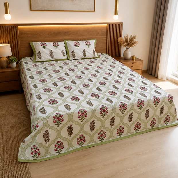 Mughal Rose Lattice – Super King Size Bedsheet (274 x 274 cm) | 100% Jaipuri Cotton | Includes 2 Pillow Covers