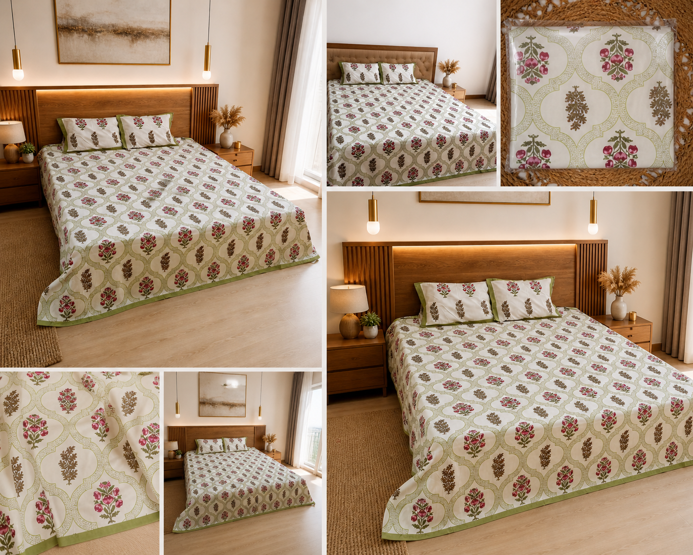 Mughal Rose Lattice – Super King Size Bedsheet (274 x 274 cm) | 100% Jaipuri Cotton | Includes 2 Pillow Covers