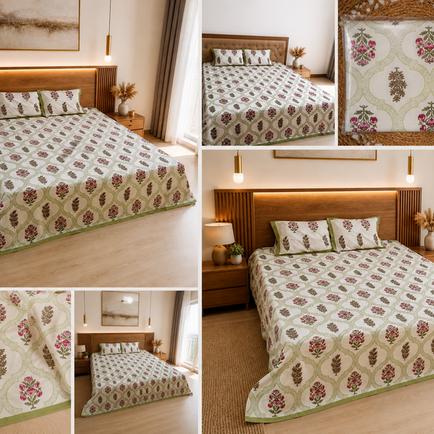 Mughal Rose Lattice – Super King Size Bedsheet (274 x 274 cm) | 100% Jaipuri Cotton | Includes 2 Pillow Covers