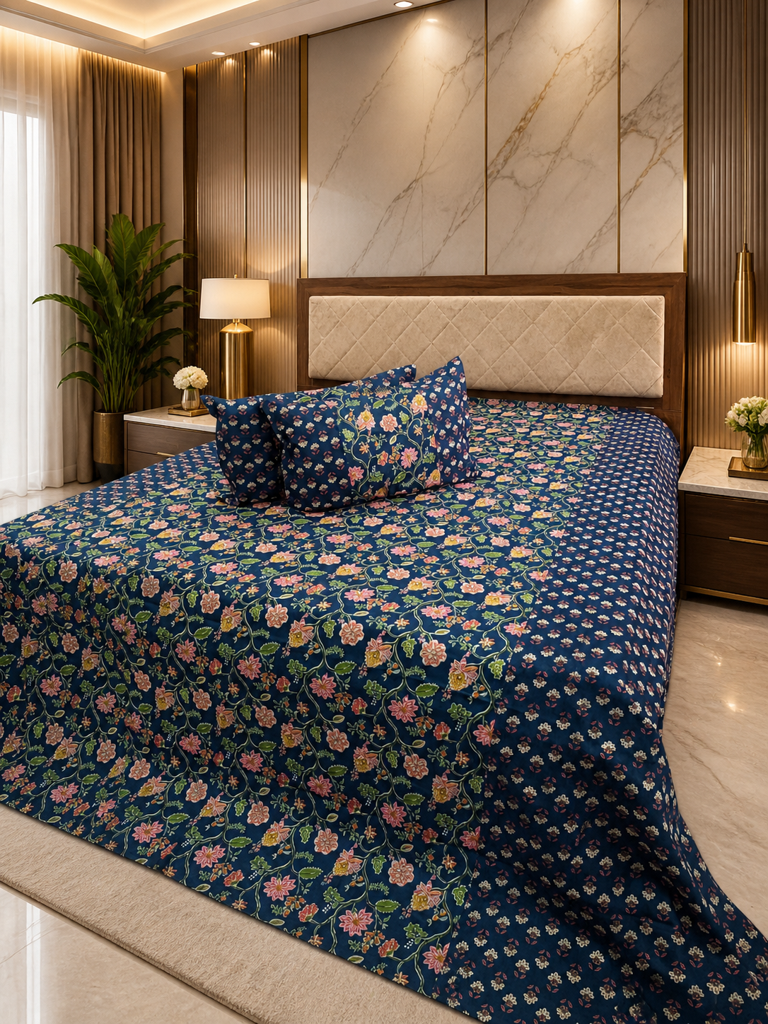 Midnight Gulnaar Ajrakh – Super King Size Bedsheet (274 x 274 cm) | 100% Jaipuri Cotton | Includes 2 Pillow Covers