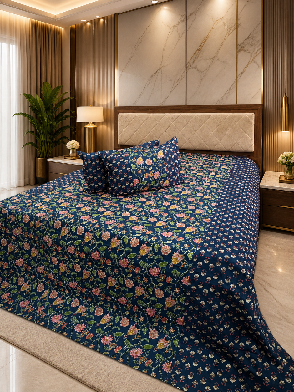 Midnight Gulnaar Ajrakh – Super King Size Bedsheet (274 x 274 cm) | 100% Jaipuri Cotton | Includes 2 Pillow Covers