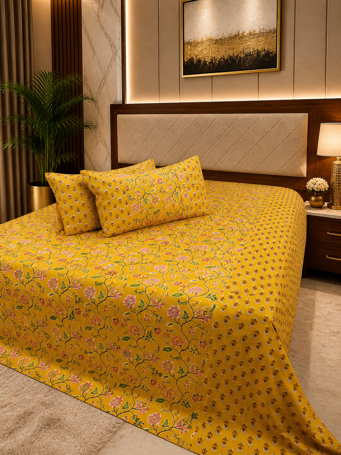 Sunehri Gulbahaar Ajrakh – Super King Size Bedsheet (274 x 274 cm) | 100% Jaipuri Cotton | Includes 2 Pillow Covers