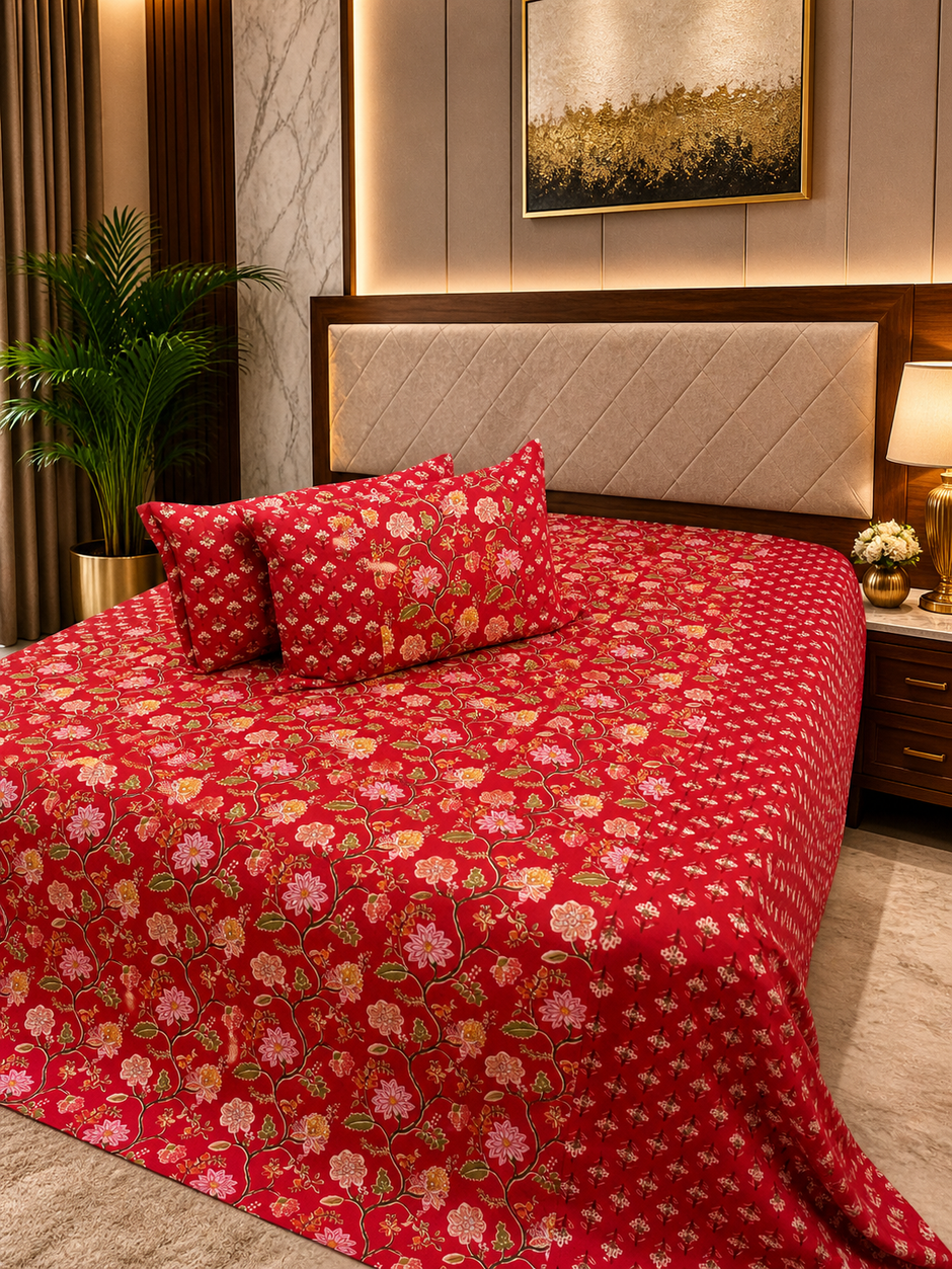 Crimson Noor Ajrakh – Super King Size Bedsheet (274 x 274 cm) | 100% Jaipuri Cotton | Includes 2 Pillow Covers