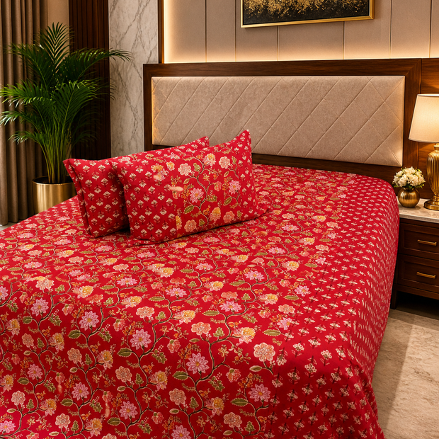 Crimson Noor Ajrakh – Super King Size Bedsheet (274 x 274 cm) | 100% Jaipuri Cotton | Includes 2 Pillow Covers
