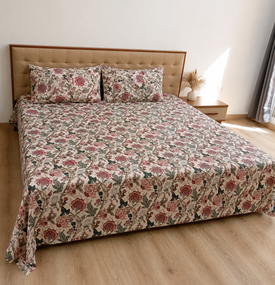 Gulnaar Blossom Haven – Super King Size Bedsheet (274 x 274 cm) | 100% Cotton | Includes 2 Pillow Covers