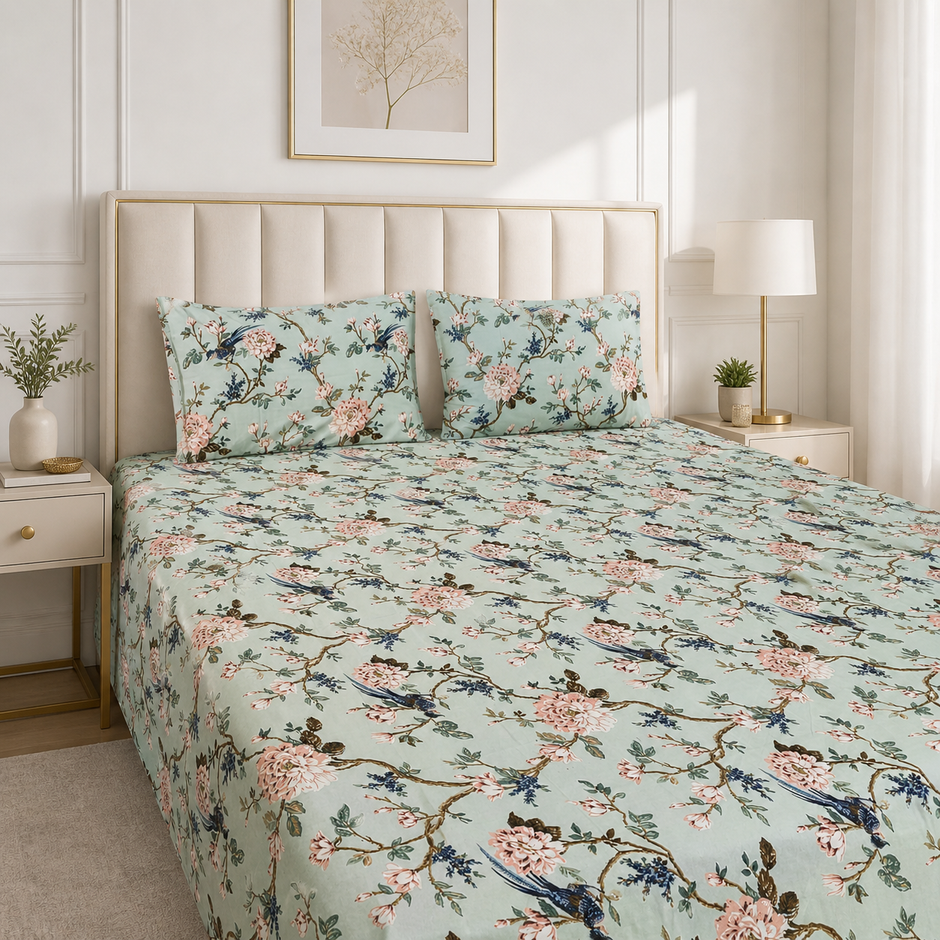 Floral Bird Garden – Super King Size Bedsheet (274 x 274 cm) | 100% Cotton | Includes 2 Pillow Covers