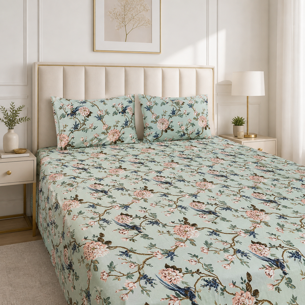 Floral Bird Garden – Super King Size Bedsheet (274 x 274 cm) | 100% Cotton | Includes 2 Pillow Covers