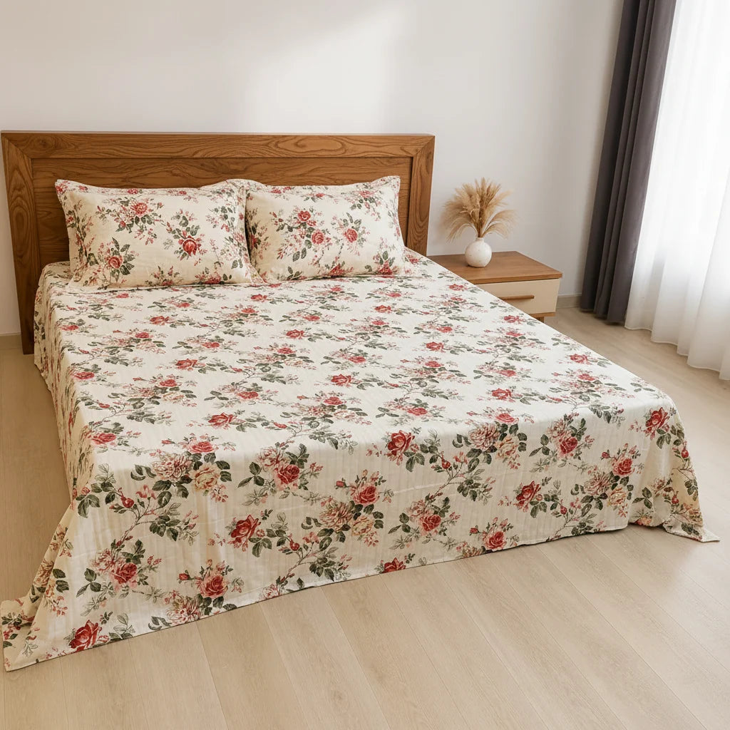 Rosé Garden Bloom – Queen Size Bedsheet (260 x 230 cm) | 100% Jaipuri Cotton | Includes 2 Pillow Covers
