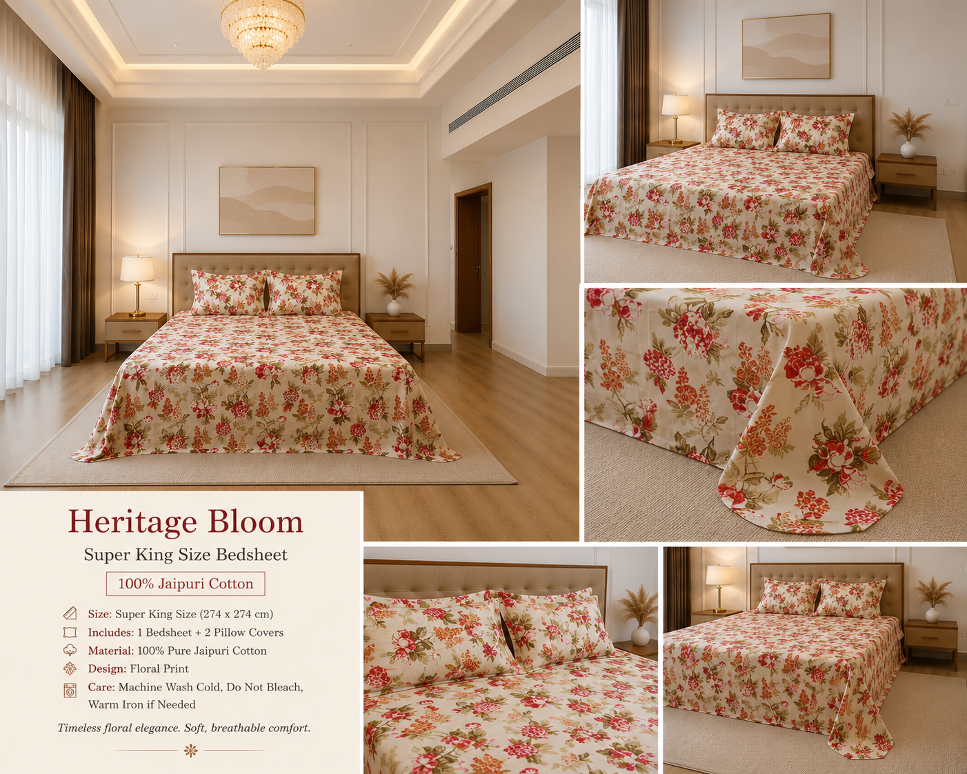 Rosé Heritage Bloom – Super King Size Bedsheet (274 x 274 cm) | 100% Jaipuri Cotton | Includes 2 Pillow Covers