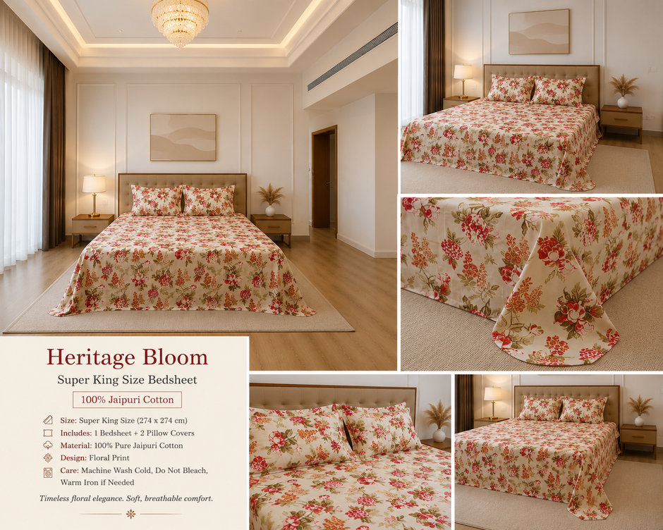 Rosé Heritage Bloom – Super King Size Bedsheet (274 x 274 cm) | 100% Jaipuri Cotton | Includes 2 Pillow Covers
