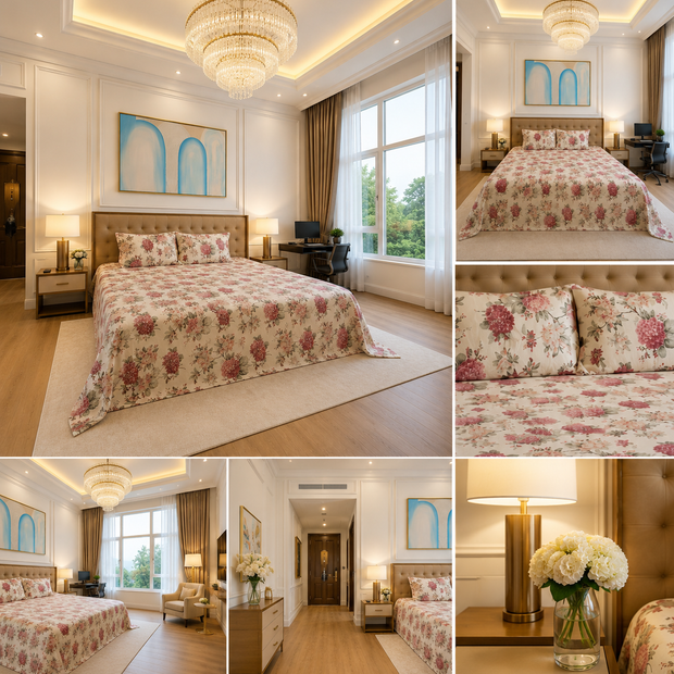 Rosé Hydrangea Bloom – Super King Size Bedsheet (274 x 274 cm) | 100% Jaipuri Cotton | Includes 2 Pillow Covers