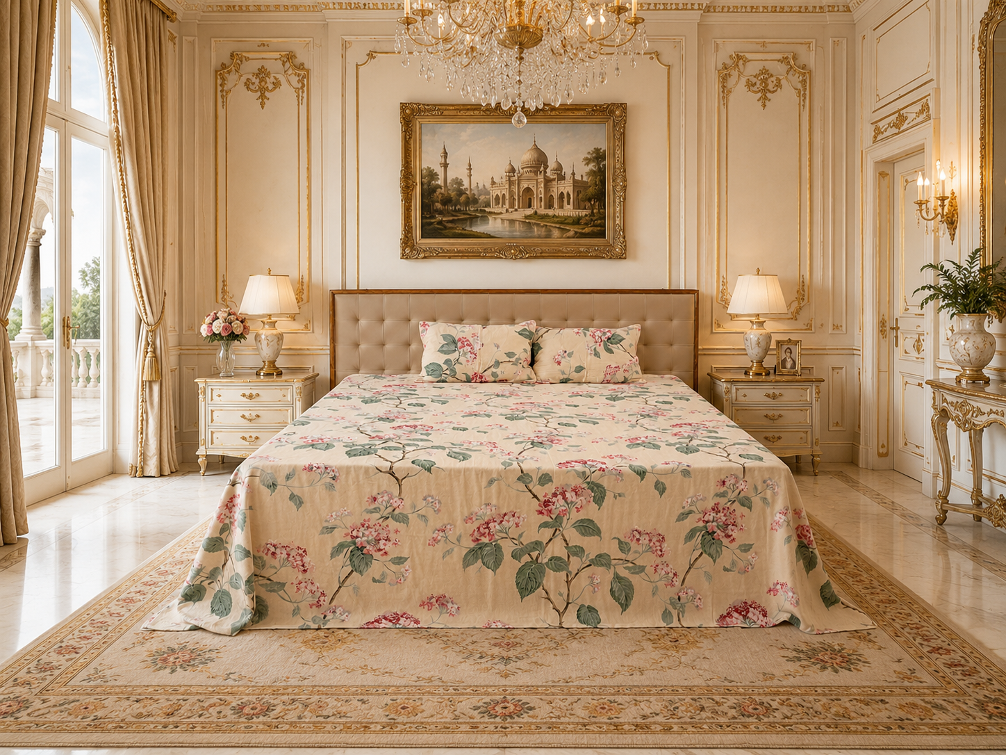 Royal Pink Blossom Vine Elegance – Super King Size Bedsheet (274 x 274 cm) | 100% Cotton | Includes 2 Pillow Covers