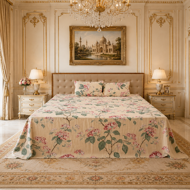Royal Pink Blossom Vine Elegance – Super King Size Bedsheet (274 x 274 cm) | 100% Cotton | Includes 2 Pillow Covers