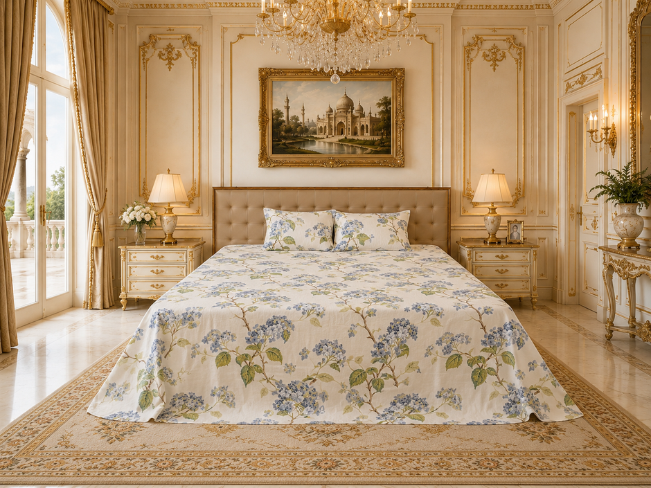 Royal Blue Blossom Vine Elegance – Super King Size Bedsheet (274 x 274 cm) | 100% Cotton | Includes 2 Pillow Covers