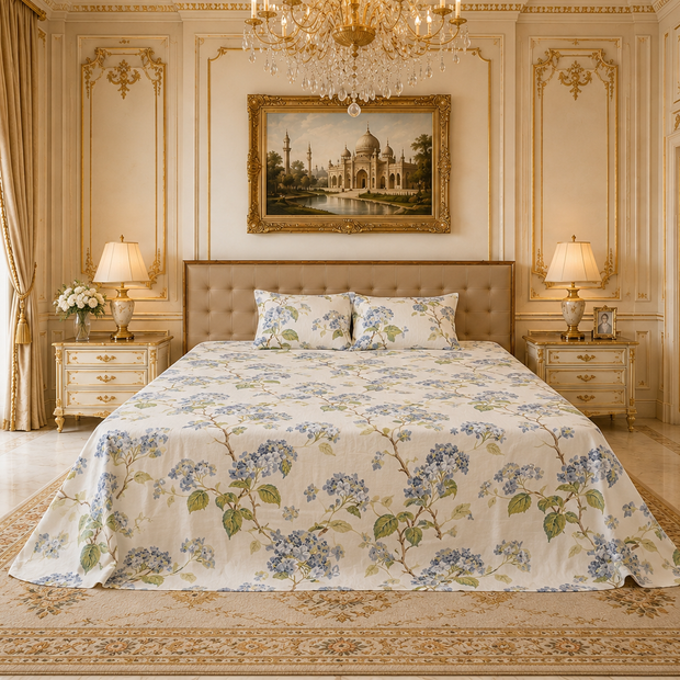 Royal Blue Blossom Vine Elegance – Super King Size Bedsheet (274 x 274 cm) | 100% Cotton | Includes 2 Pillow Covers