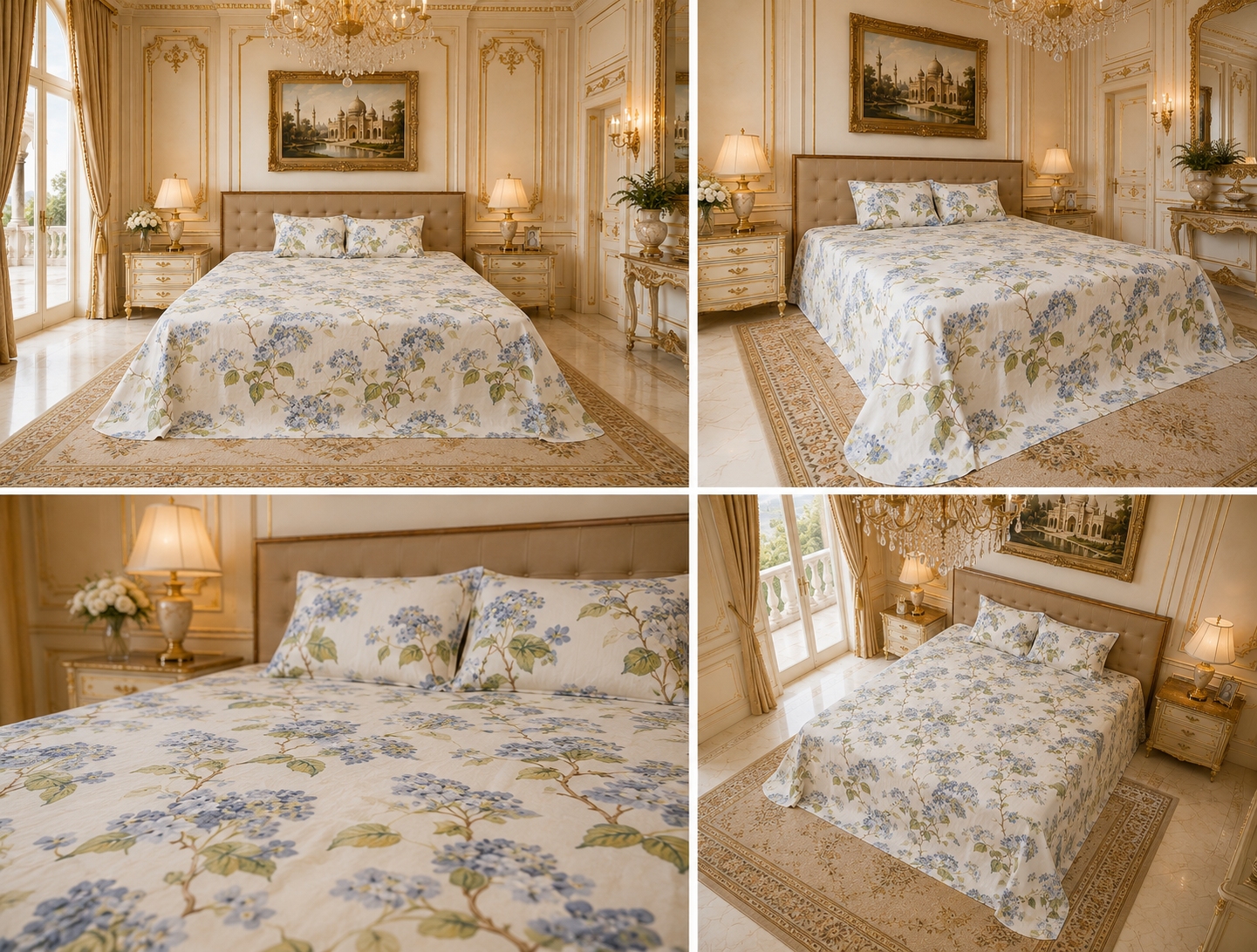 Royal Blue Blossom Vine Elegance – Super King Size Bedsheet (274 x 274 cm) | 100% Cotton | Includes 2 Pillow Covers
