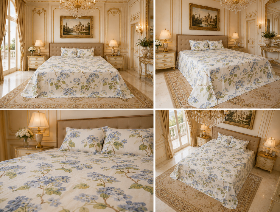 Royal Blue Blossom Vine Elegance – Super King Size Bedsheet (274 x 274 cm) | 100% Cotton | Includes 2 Pillow Covers