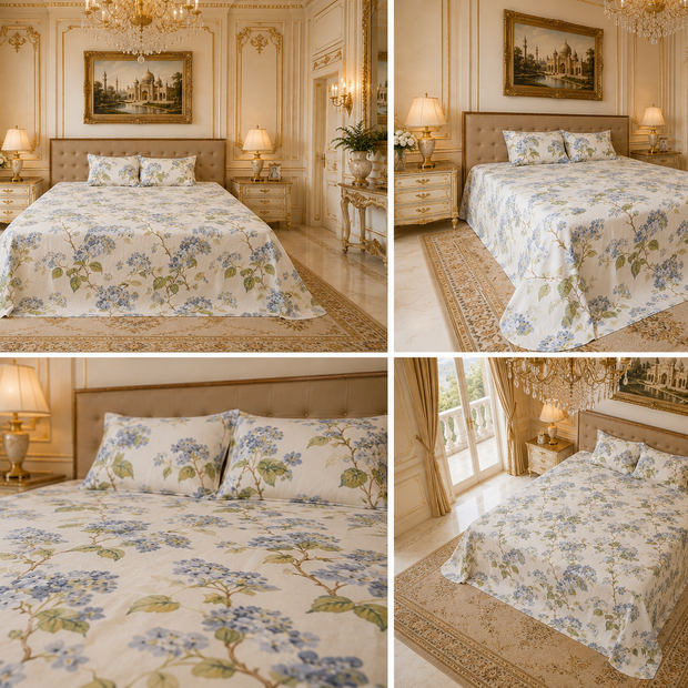 Royal Blue Blossom Vine Elegance – Super King Size Bedsheet (274 x 274 cm) | 100% Cotton | Includes 2 Pillow Covers