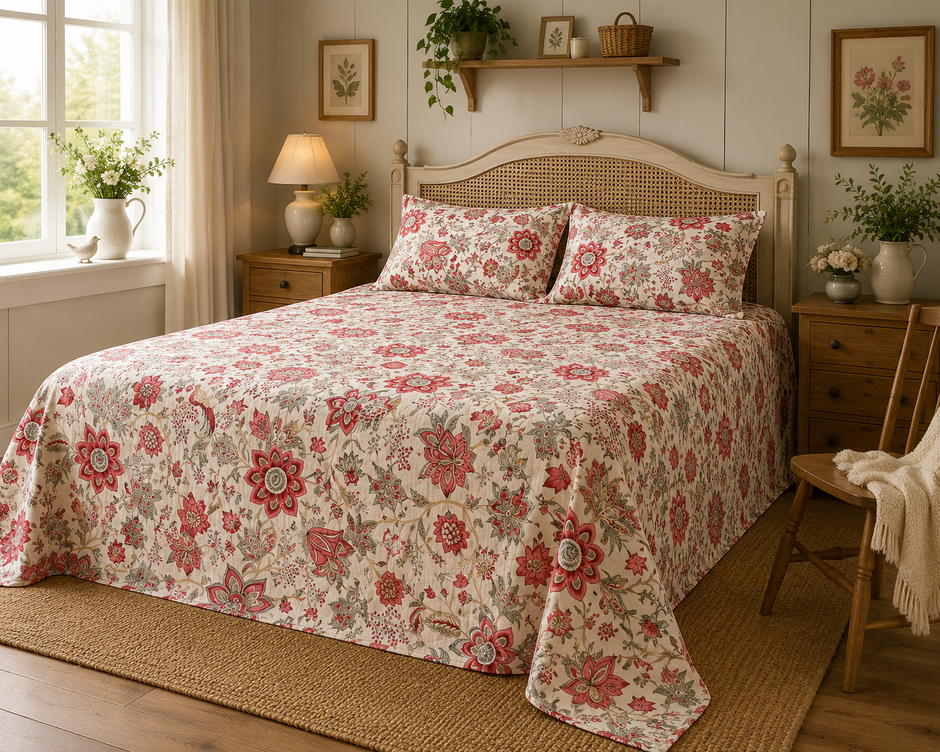Scarlet Floral Bird Elegance – Super King Size Bedsheet (274 x 274 cm) | 100% Jaipuri Cotton | Includes 2 Pillow Covers