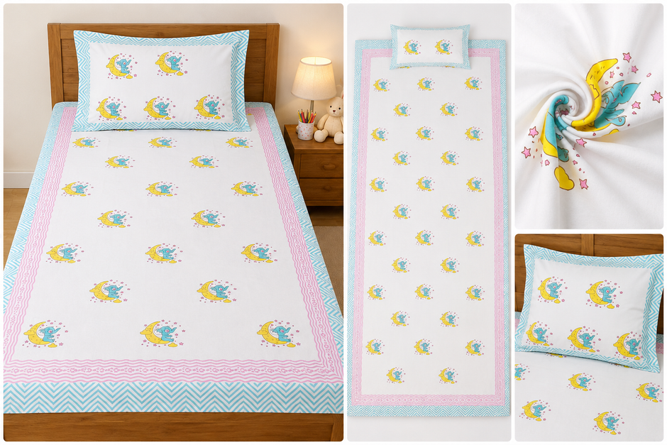 Moonlight Elephant Dreams – Kids Single Bedsheet (152 x 228 cm) | 100% Pure Cotton | Includes 1 Pillow Cover