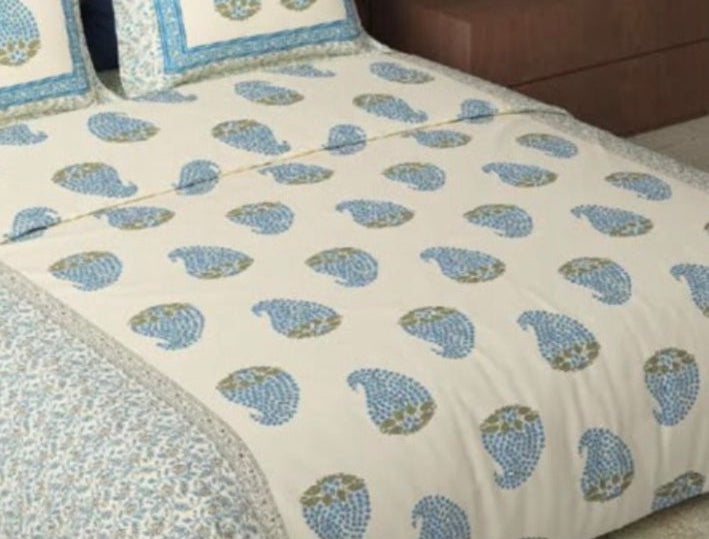 Blue Paisley Elegance – Super King Size Fitted Bedsheet Set (210 × 200 cm × 30 cm Depth) | 400 TC Tencel Cotton | Includes 2 Pillow Covers