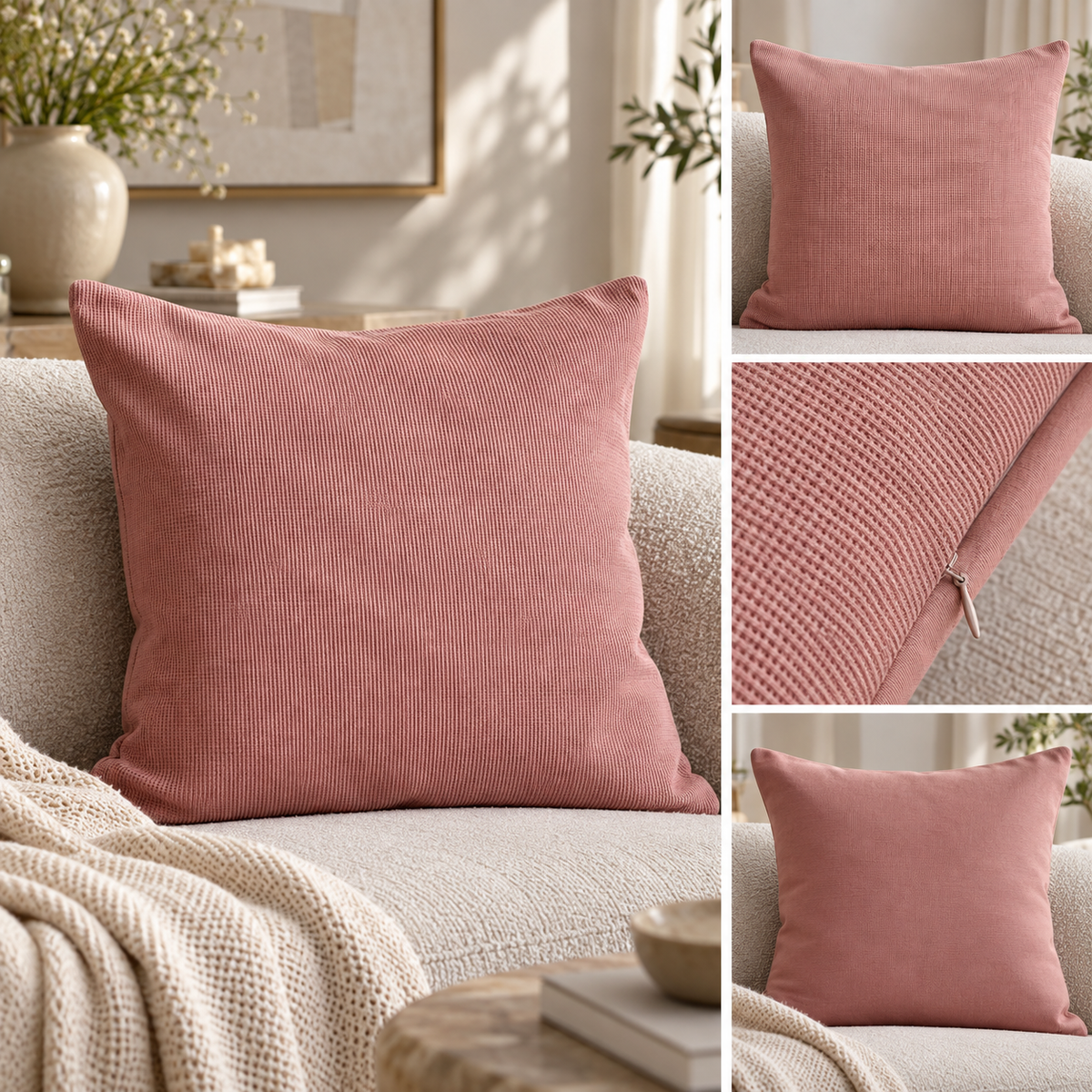 Jaipuri Gulabi Resham Waffle Cushion Cover – 50 × 50 cm | Textured Cotton | Soft Blush | 1 Piece