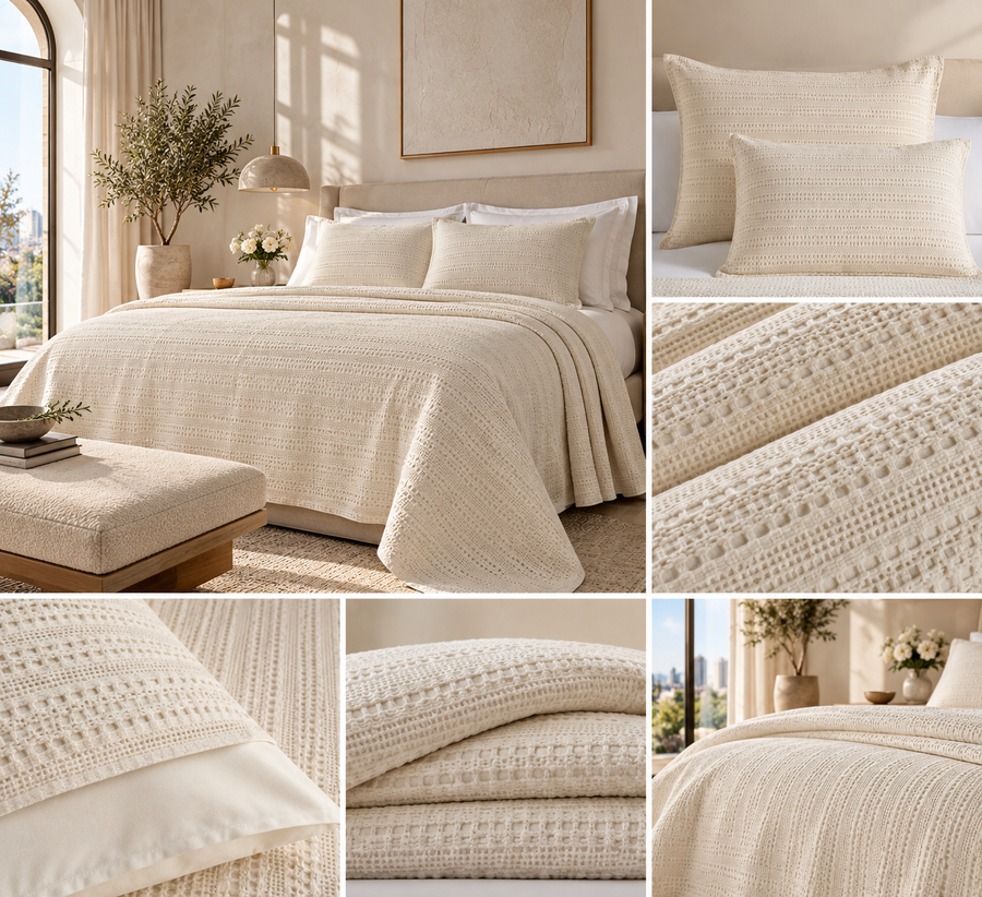 Sandstone Waffle Stripe Quilted Bedspread Set