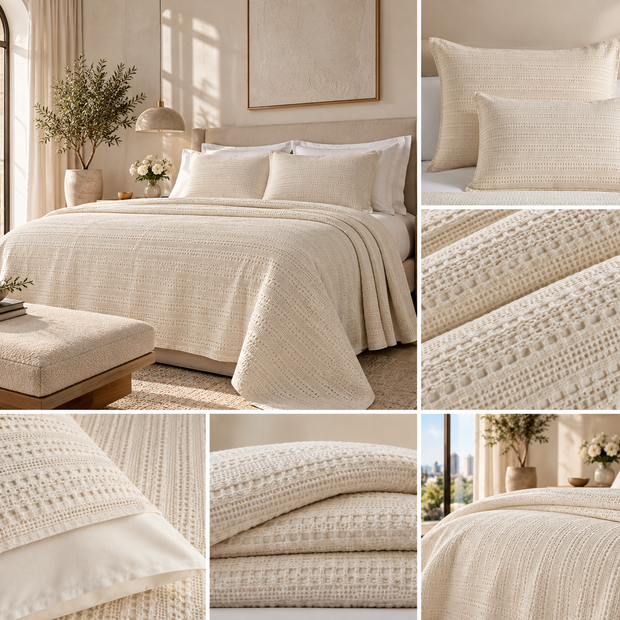 Sandstone Waffle Stripe Quilted Bedspread Set – 220 × 240 cm | Pure Cotton | 3-Piece Set