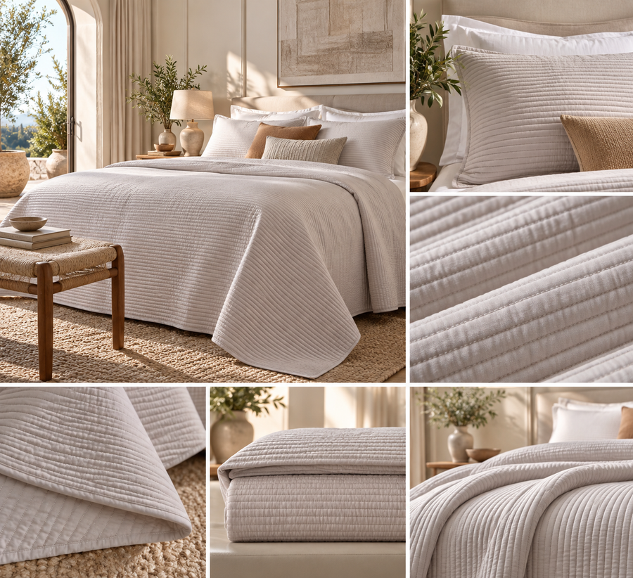 Jaipuri Shwet Sand Ivory Cotton textured quilted Bedspread