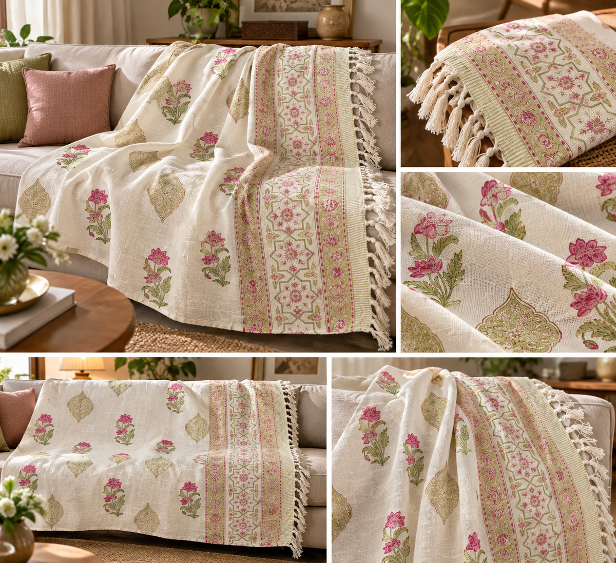 Gulabi Jaal Jute Slub Cotton Block Printed Sofa Throw – 175 × 130 cm | Hand Block Printed | Sofa Throw / Table Cloth / Decorative Home Layer