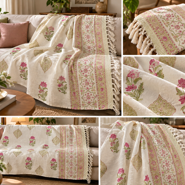 Gulabi Jaal Jute Slub Cotton Block Printed Sofa Throw – 175 × 130 cm | Hand Block Printed | Sofa Throw / Table Cloth / Decorative Home Layer
