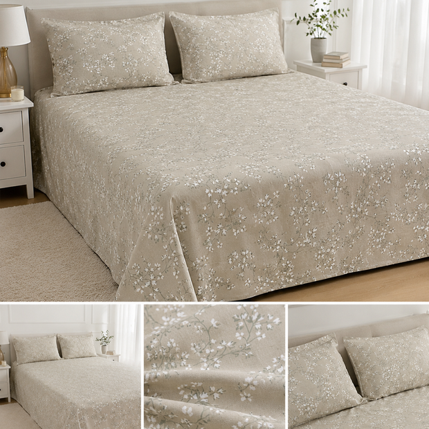 Taupe Blossom Garden – Jumbo King XL Bedsheet Set (305 × 305 cm) | 100% Tencel Cotton | Includes 2 Pillow Covers