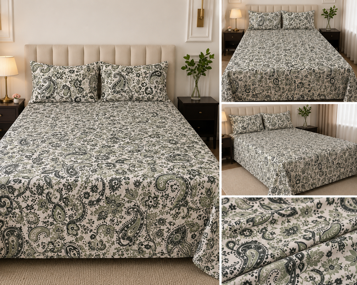 Olive Paisley Royale – Jumbo King XL Bedsheet Set (305 × 305 cm) | 100% Tencel Cotton | Includes 2 Pillow Covers
